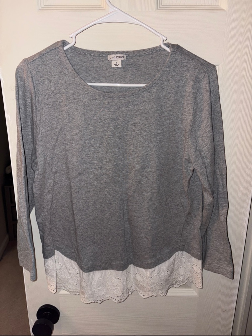 J. Crew Gray Long-Sleeve Layered Hem Top with White Eyelet